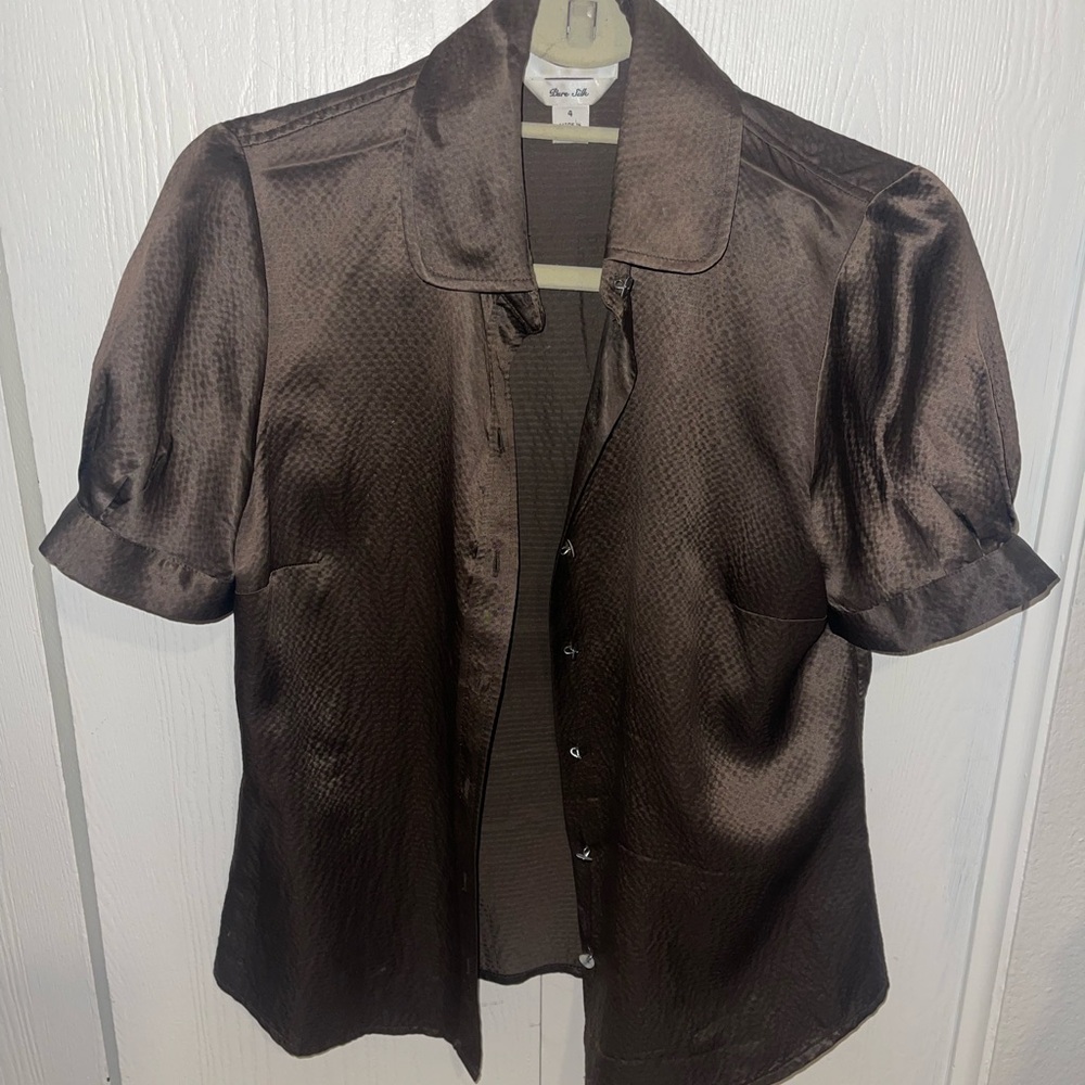 Pure Silk Brown Short Sleeve Blouse